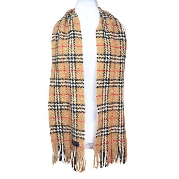 Burberry Scarf Wool House Check Houndstooth Plaid Brown Tan Red Fringe Angora - Picture 1 of 6